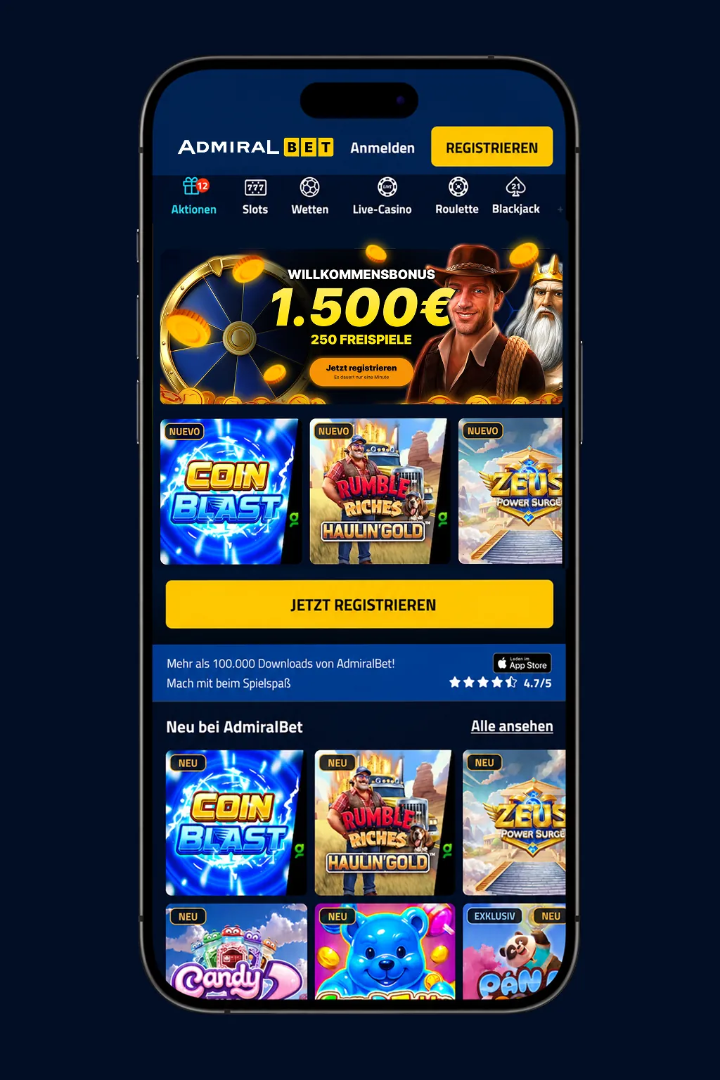 AdmiralBet Mobile Casino App auf dem Smartphone