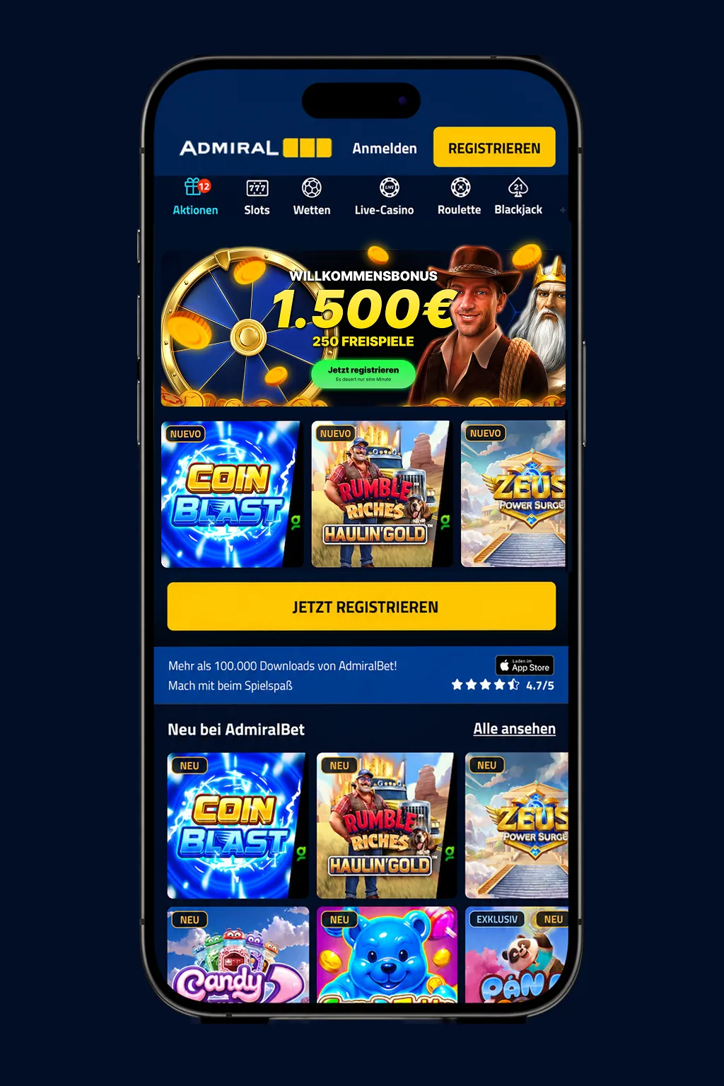 AdmiralBet Mobile Casino App auf dem Smartphone